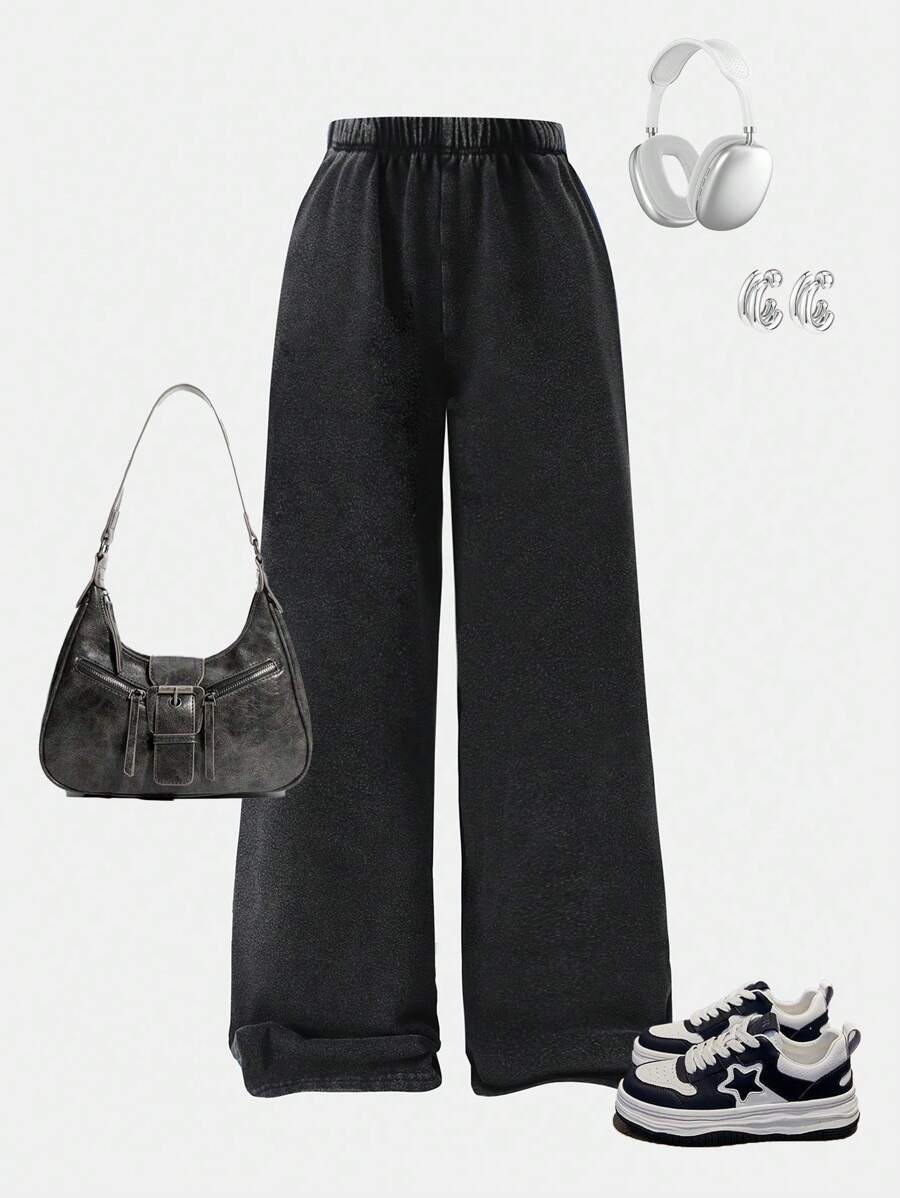 Tween Girls Loose Comfy Versatile Textured Knit Wide Leg Pants - Black - View 1