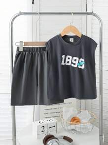 SHEIN Toddler Boys Casual Sleeveless Graphic Print Tank Top & Straight Leg Shorts Set, Fashionable Utility Style, Summer - Dark Grey - View 1