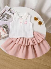 Set da 2 pezzi per bambine, con top con ricamo floreale e gonna con orlo plissettato, dolce e alla moda per l'uso all'aperto, primavera/estate - Rosa - Visualizzare 1
