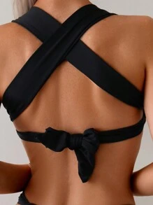 SHEIN Swim 2pcs Women Solid Color Halter-Neck Criss-Cross Back Top And Thong Bikini Set, Sexy Swimwear, For Summer Beach Vacation - Black - View 7