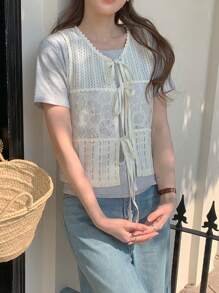 DAZY Damen Band-up Schleife Dekor Patchwork Crop Top Sommer Trägerhemd - Beige - Übersicht 5