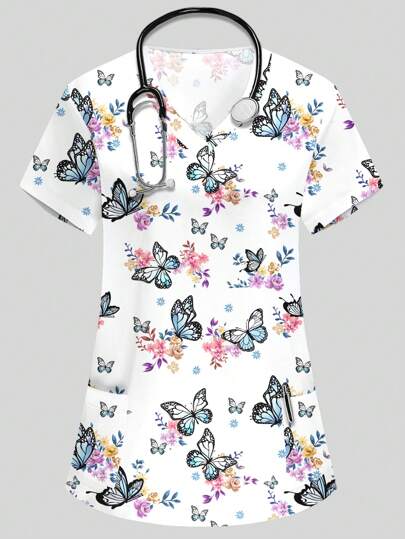 PopScrub Women's White V-Neck Short Sleeve Double Pocket Cartoon Butterfly Floral Print Nurse/Doctor Work Uniform Top, Solid Color Pet Grooming Work Uniform Top, Nutritionist Work Uniform Top, Functional Multi-Pocket Lab Work Uniform Top, Affordable Functional Women Clothing, Holiday Costume