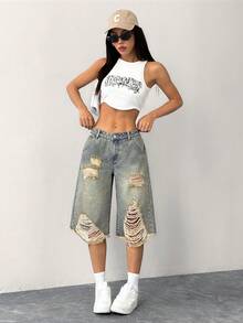 SHEIN ICON 女式做旧低腰洗水破洞牛仔裤 - 中等水洗藍 - 查看 5
