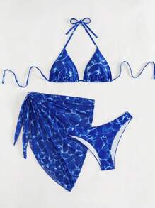 Summer 3pcs/Set Ripple Print Halter Neck Bikini Set: Triangle Bra Top And Swimwear Shorts With Skirt - Multicolor - View 3