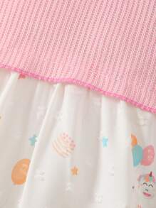 Souflis Souflis Newborn Baby Girl Ruffle Collar Puff Sleeve Casual Elegant Balloon Cake Print Dress, All Over Print - Multicolor - View 6