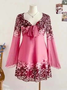 Soleia Abito a campana da donna con scollo a V, stampa floreale e leopardata, con maniche a campana e laccio davanti, taglia curvy, adatto per la primavera - Multicolore - Visualizzare 1