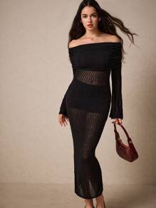 Poéselle Vestido de punto sin tirantes elegante de manga larga con abertura en el bajo y color sólido, vestidos para mujer, atuendos de vacaciones, vestido hombros descubiertos, suéteres de otoño, vestidos elegantes, vestido, vestidos de vacaciones para atuendos de otoño e invierno, uso diario elegante y chic, ropa de mujer de otoño.