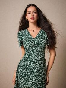 Poéselle 碎花蝴蝶袖洋裝 - 綠色 - 查看 2