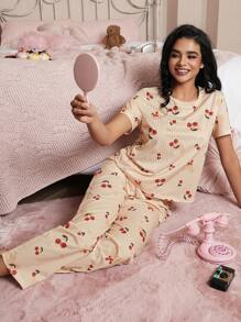 Romantic Girl Cherry Heart Bow Print Crew Neck Short Sleeve Pajamas Set - Apricot - View 5