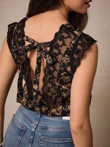 Poéselle Floral Print Lace Panel Blouse Summer Tops Vacation Clothes - Black - View 4