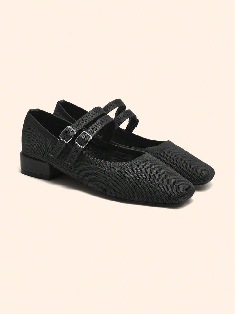CUCCOO BASICS Fashionable Black Metal Mary Jane Chunky Heel Flats Spring Shoes Spring Break Easter - Black - View 3
