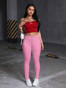 SHEIN EZwear Women's Button-Down Pocket Distressed Skinny Fit Jeans - Pink - View 2