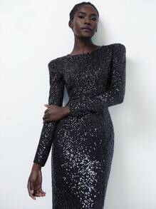 Aveloria Modichic Vestido ajustado de cola de pez para fiestas con cuello redondo, mangas largas, de malla con lentejuelas y calado para mujer