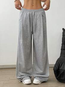 Lunelith SHEIN Lunessa Elastic Waist Drawstring Wide Leg Comfortable Sweatpants With Pleated Cuffs
