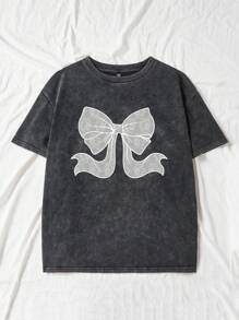 SHEIN EZwear Plus Size Bow Knit Loose Short Sleeve T-Shirt For Summer - Black - View 4