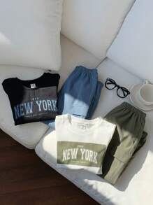 SHEIN Bộ 4 áo thun dệt kim cổ tròn tay ngắn in chữ thường ngày cho bé trai có túi và quần dệt cạp chun rộng rãi, 2 kiểu, thích hợp mặc đi học, làm vườn, đi biển, sinh nhật, xuân/hè/thu/đông - Nhiều màu - Xem 3