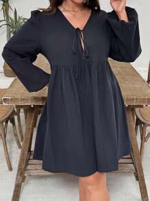 SHEIN VCAY Plus Size Solid Color Front Tie Long Sleeve Pleated Casual Short Dress - Black - View 1