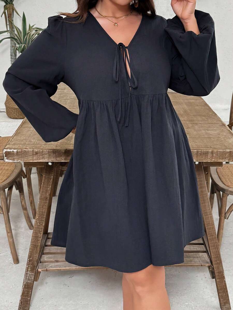 SHEIN VCAY Plus Size Solid Color Front Tie Long Sleeve Pleated Casual Short Dress - Black - View 1