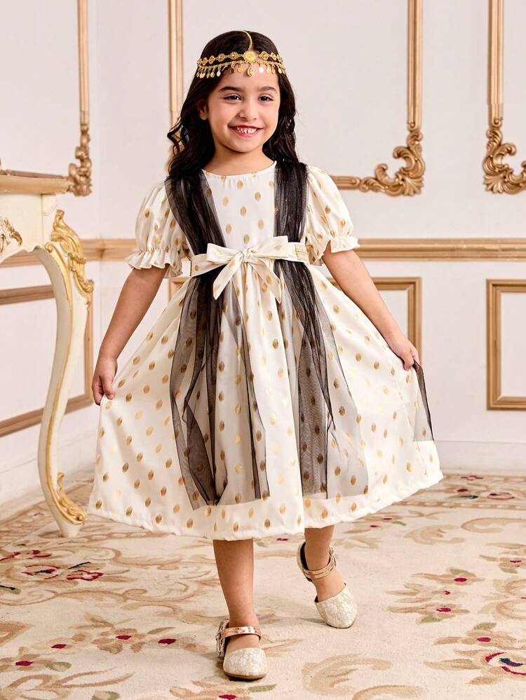 Young Girl Metallic Fabric Puff Sleeve Dress With Mesh Shawl Collar