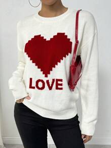Chiquease Women's Casual Crew Neck Heart Print Pullover Sweater, Valentine's Day Knit Pullover Fall Winter Sweater