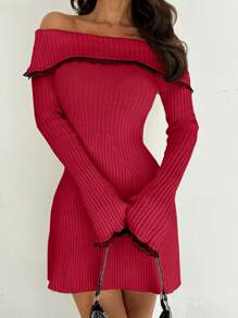 Firerie Elegant Sexy White Contrast Color Lace Patchwork Off Shoulder Bell Sleeve Waist Fit A-Line Mini Sweater Dress, Autumn/Winter - Red - View 7