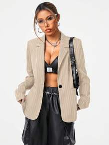SHEIN EZwear Women's Fall/Winter Streetwear Striped Grey Suit Jacket - Coffee Brown - View 1