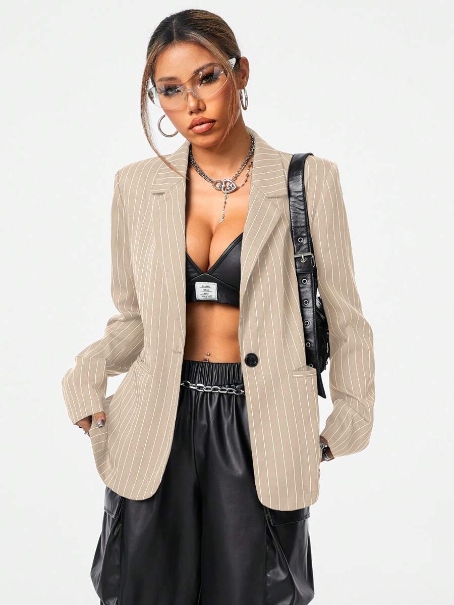 SHEIN EZwear Women's Fall/Winter Streetwear Striped Grey Suit Jacket - Coffee Brown - View 1