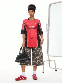 SHEIN EZwear Camiseta de mujer de manga raglán con cuello redondo y estampado de letras core block para salir en primavera/verano - Multicolor - Ver 4