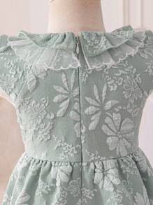 Glamorique Kids Vestido de princesa elegante y lindo para bebés niñas, manga corta con cuello de volantes, de satén estructurado, para primavera/verano - Verde - Ver 3