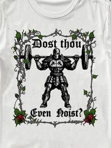 Manfinity Dauomo Funny Sarcastic "You Can Even Lift Heavy Things" Meme Knight Weightlifting Interesting Hobby Graphic Printed Standard Size T-Shirt For Men - White - View 3