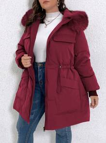 Calvaya Plus Size Solid Color Drawstring Waist Faux Fur Hooded Winter Jacket - Red - View 5