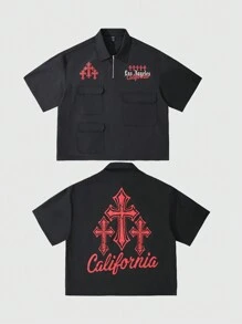 ROMWE MEN Goth 男士字母与十字图案印花短袖工装口袋休闲衬衫