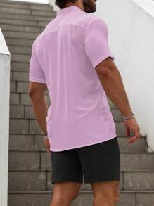 Manfinity Homme Casual Solid Color Shirt & Shorts Set, Simple & Fashionable For Daily Wear - Violet Purple - View 2
