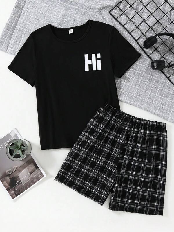 2pcs Teen Boys English Letter Print Black Short Sleeve Top And Classic Black White Plaid Pants Casual Loungewear