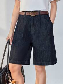 Dazy-Less 休闲商务宽松阔腿及膝直筒牛仔短裤女款老款 - 深色水洗藍 - 查看 7