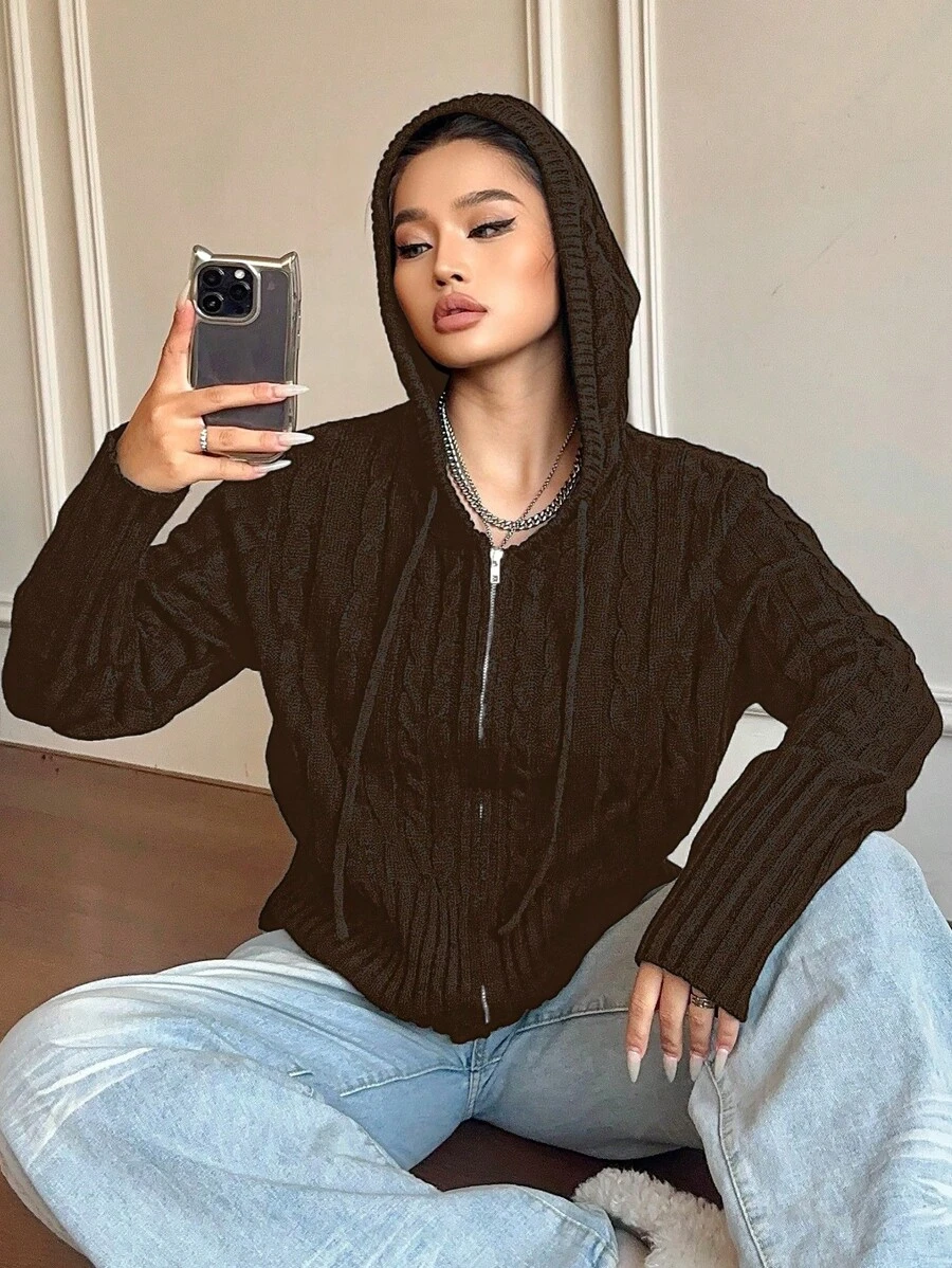 POPSWAY 大码纯色拉链连帽夹克，简约时尚，适合日常休闲穿着