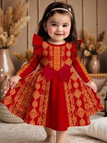 SHEIN Vestido de manga larga con estampado geométrico elegante para niña, de estilo dulce con lazo y estampado de dibujos animados, adecuado para otoño/invierno, combina con vestidos de Ramadán