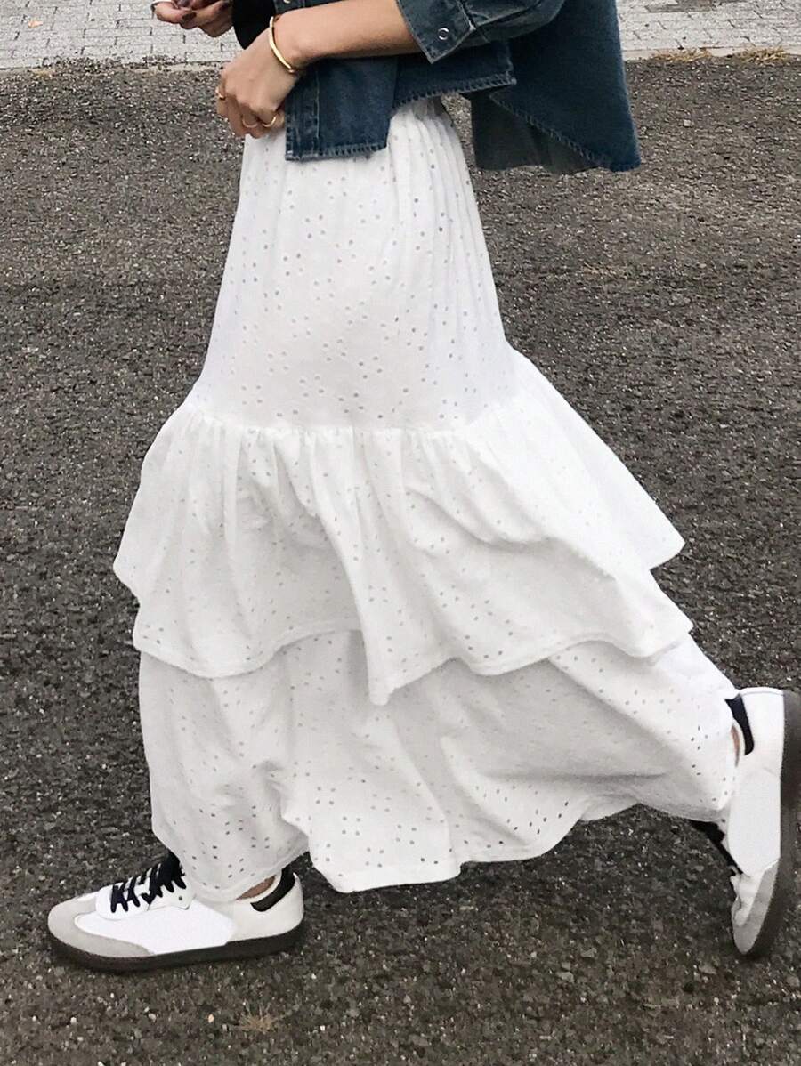 FRIFUL 女士纯色镂空刺绣多层宽松长裙,荷叶边波西米亚风度假装 - 白色 - 查看 1