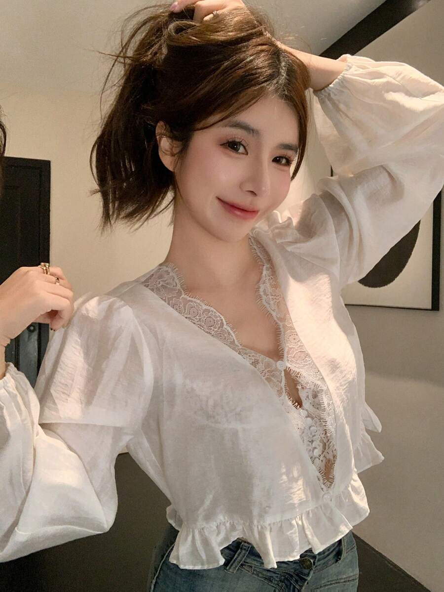 DAZY V-Neck Loose Lace Ruffle Patchwork Long Sleeve Blouse For Women Linen - White - View 1