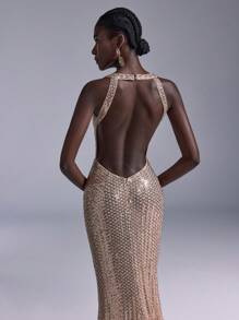 Elitara 优雅香槟色奢华亮片细肩带低领露背性感美人鱼风格正式晚礼服、派对礼服、婚礼宾客礼服、晚礼服 - 香檳色 - 查看 7