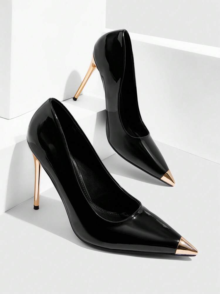 CUCCOO SZL Women's Black Metal Pointed Toe Classic Comfortable Versatile Stiletto High Heel Pumps, Suitable For Commute, Date, Party, Holiday, Wedding Spring Shoes Spring Break Easter Prom Heels For Christmas Spring Shoes