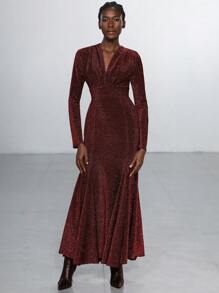 SHEIN Privé 优雅派对 V 领褶皱设计收腰闪光面料长袖连衣裙，高端优雅，适合情人节 - 中紫紅色 - 查看 6