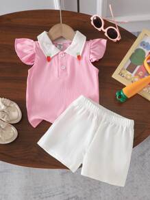 Set de 2 piezas de ropa de verano para bebé/niña pequeña con blusa de manga corta y shorts lindos - Rosa - Ver 8