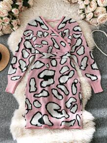 SHEIN Clasi 2024 Neuer modischer Leoparden-Muster Kreuz-Ausschnitt Pulloverkleid für Damen