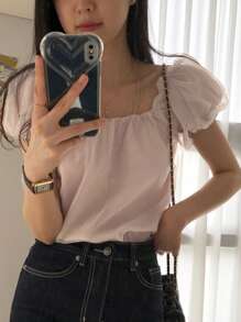 DAZY 女士撞色网眼泡泡袖衬衫，春夏可爱上衣 - 杏色 - 查看 7