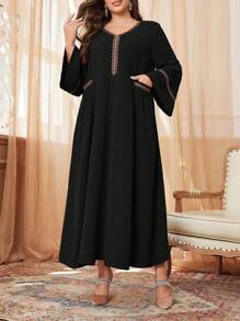 Al Najma 加大码新款女式亮片口袋天鹅绒和金属亮片带编织简约阿拉伯连衣裙，简约优雅长款 Jalabiya 阿拉伯连衣裙，适合日常休闲、长袍 - 黑色 - 查看 3