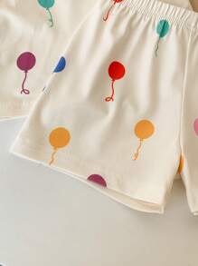 SHEIN 2pcs/Set Baby Girl 0-3 Years Fashionable Cute Colorful Balloon Pattern Crew Neck Short Sleeve T-Shirt & Shorts Set - Apricot - View 7