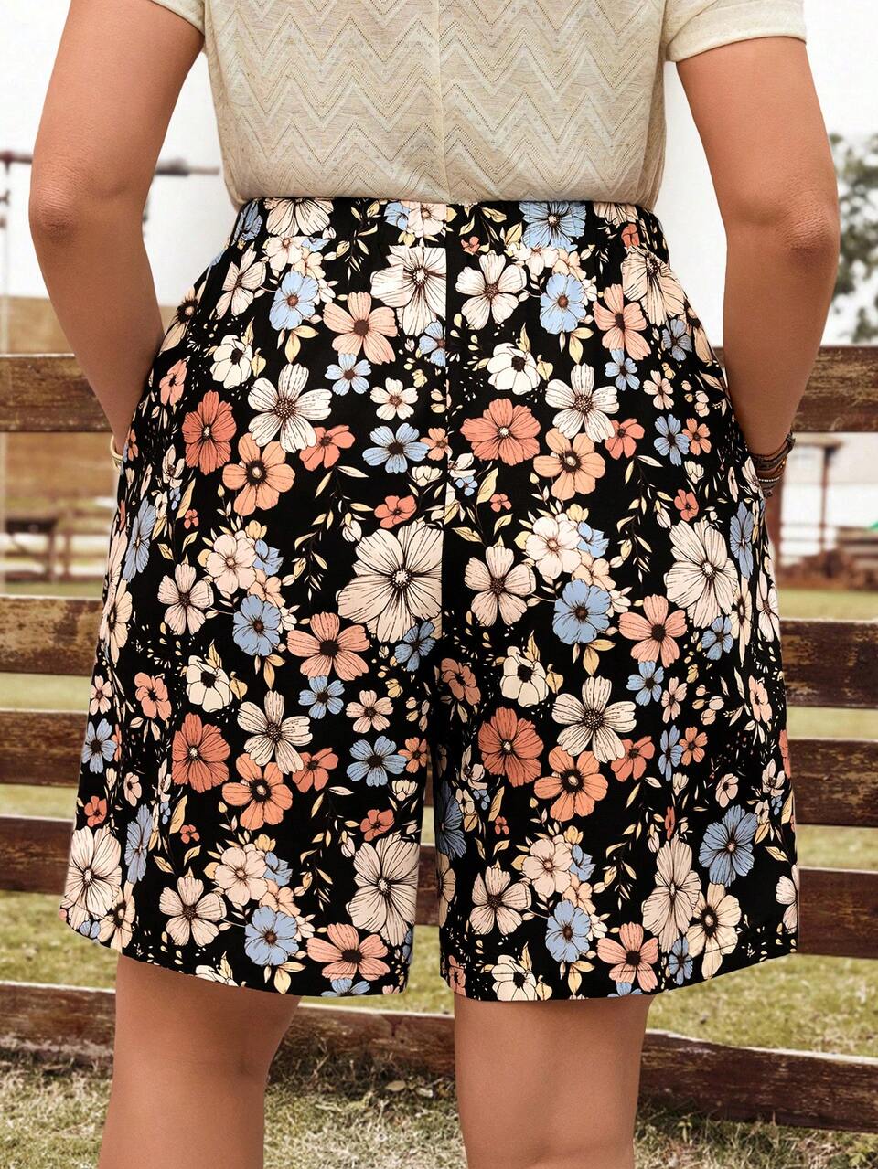 Plus Size Casual Everyday Printed Shorts, Simple And Fashionable, Vacation Woman, Boho For Women, Flower, Spring, Summer