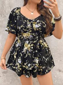 Breezaya Plus Size Fashion Black Printed Double Layer High Waist Jumpsuit - Black - View 3