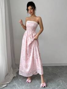 Chiquease Đầm dự tiệc lãng mạn, hở eo, viền ngọc trai, họa tiết jacquard màu hồng ngọt ngào thanh lịch dành cho nữ - Hồng - Xem 4
